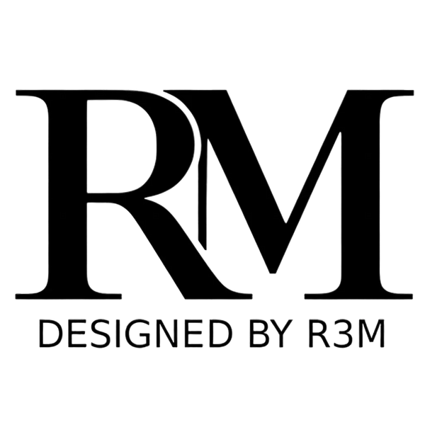 Black 'RM' logo with 'DESIGNED BY R3M' text on a white background